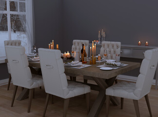 Dining room table for Thanksgiving, Christmas or New Year with candles and festive decoration