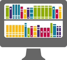 Online e-book library design symbol. laptop monitor with books on shelves