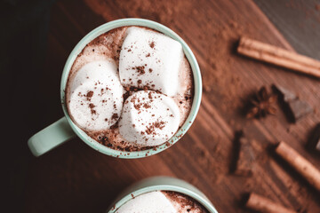 Hot chocolate drink with marshmallow in a cup on wooden board with cinnamon and star anise, top view