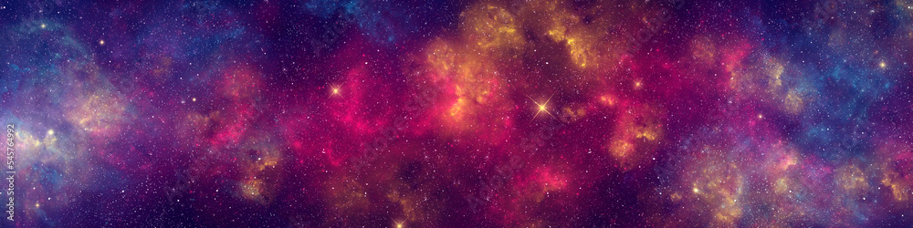 Wall mural nebula and stars in night sky web banner. space background.