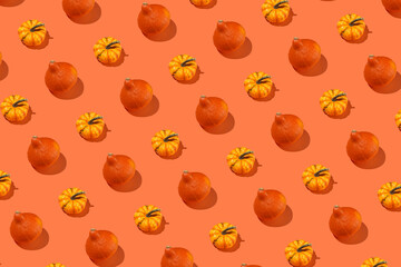 A hard light pattern of a small yellow and orange decorative pumpkin on a bright orange seamless background,