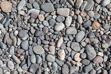 Gray pebble on a sea coast, top view, close-up background texture