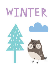 Cute cartoon owl and tree. Winter vector illustration on a blue background. Scandinavian style flat design. Concept children print. Woodland animal. EPS
