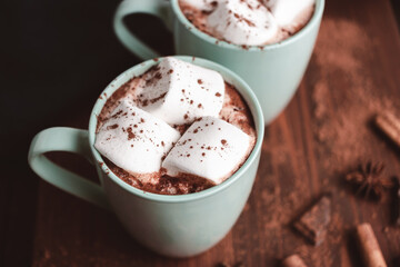 Hot chocolate drink with marshmallow in a cup on wooden board, dark background