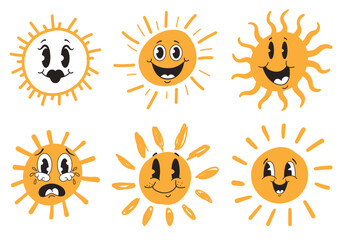 Sun cute retro style sunny cartoon face with different emotions design element concept illustration