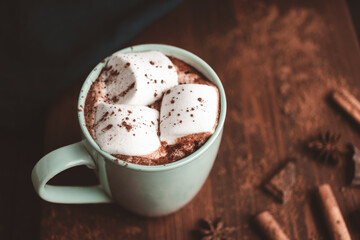 Hot chocolate drink with marshmallow in a cup on wooden board, dark background