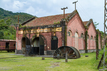 Old trains, locomotive and shed on railroad in Paranapiacaba, Sao Paulo, Brazil