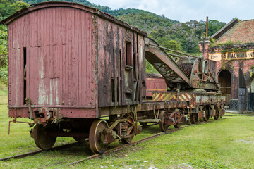Old trains, locomotive and shed on railroad in Paranapiacaba, Sao Paulo, Brazil