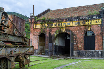 Old trains, locomotive and shed on railroad in Paranapiacaba, Sao Paulo, Brazil