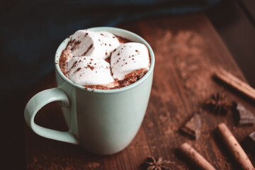 Hot chocolate drink with marshmallow in a cup on wooden board, dark background