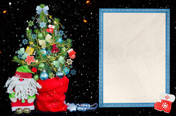 Christmas black background with a decorated Christmas tree, a toy Santa and a text frame with blank paper