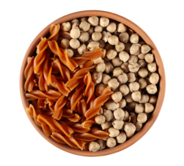 Fusilli made from chickpeas and grains, uncooked in clay pot isolated on white, top view