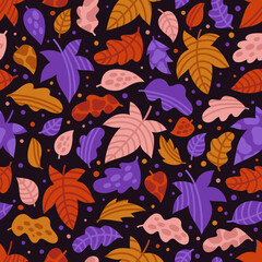 Seamless pattern with multicoloured autumn leaves. Unique design for gift paper and greeting cards on Thanksgiving day