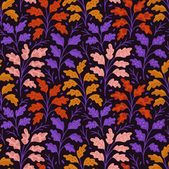 Seamless pattern with multicoloured autumn oak leaves. Unique design for gift paper and greeting cards on Thanksgiving day