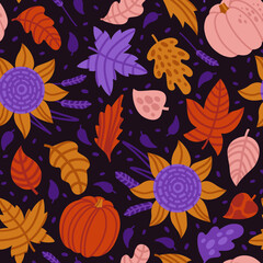 Seamless pattern with multicoloured autumn leaves pumpkins and sunflowers. Unique design for gift paper and greeting cards on Thanksgiving day