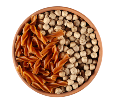 Fusilli made from chickpeas and grains, uncooked in clay pot isolated on white, top view