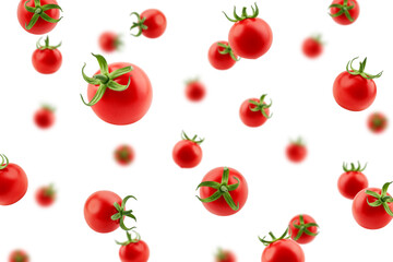 Falling tomato cherry isolated on white background, selective focus