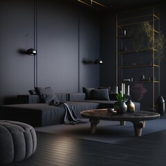 Home interior, luxury modern dark living room interior, black empty wall mock up, 3d render