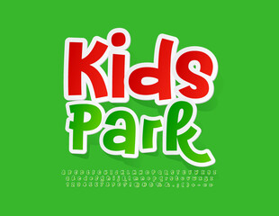 Vector colorful poster Kids Park. Bright handwritten Alphabet Letters and Numbers set. Green sticker Font