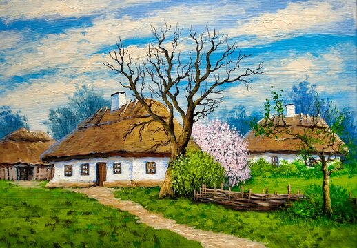 Oil paintings rural landscape, old house in spring