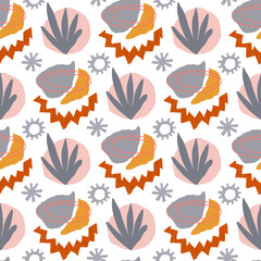 Abstract seamless pattern in trendy style with geometric elements, textures. Vector background.