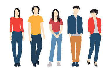  Set of young men and women, different colors, cartoon character, group of silhouettes of standing business people, students, the design concept of flat icon, isolated on white background