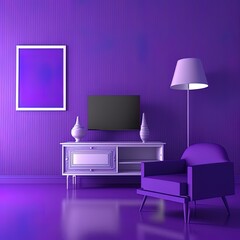 Violet room Very Peri.Chair,TV cabinet, lamp and blank canvas.Modern design interior.3d rendering