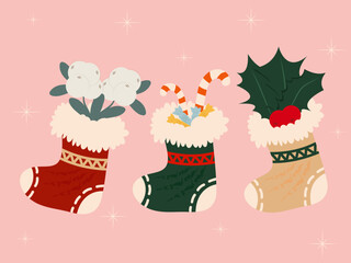 Print Christmas set of three socks for Christmas with gifts, plants and candies