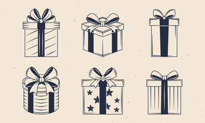 Vintage Gift Boxes icons isolated on white background. Gift boxes set. Decorations for giveaway, birthday, party, sale banners and posters design. Vector illustration