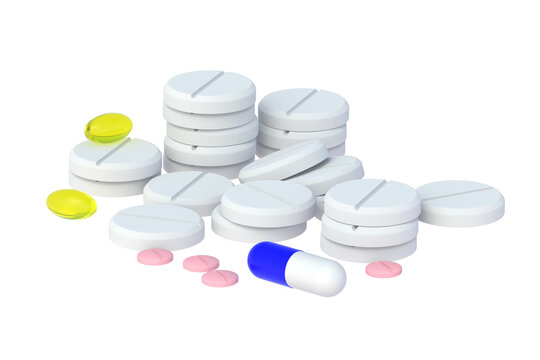 Heap of various pills isolated on white background. 3d render