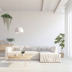 interior house with simple white background mockup. White sofa and natural wooden furniture. modern space, 3d render, 3d illustration
