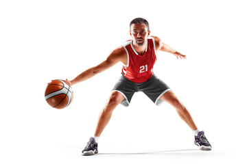 Basketball player preparing to attack. Sport. On a white background. Professional basketball player in action