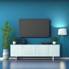 TV on the cabinet in modern living room have plants and book on blue wall background,3d rendering