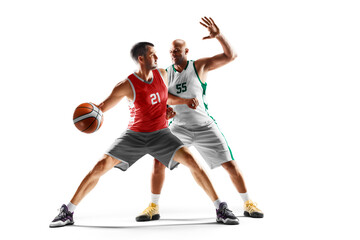 Fototapeta na wymiar Two basketball player in motion and action. Basketball. Sport emotion. In white