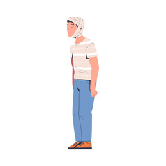 Man with injured bandaged head. Man feeling pain in body caused by injury cartoon vector illustration