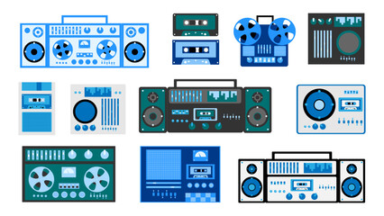 Set of bleautiful old retro vintage hipster musical electronics equipment: audio cassette recorder with magnetic tape, dj console from 70s, 80s, 90s. Vector illustration
