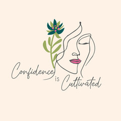 Hand drawn abstract woman face in line art, boho, linear vector drawing with flowers and leaves. Continuous line art vector minimalist style portrait for beauty, poster illustration, tshirt graphic

