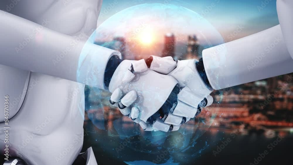 Poster 3d rendering hominoid robot handshake to collaborate future technology development by ai thinking br