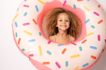 Obraz na płótnie Canvas Isolated on white, pretty cute african american girl hold colorful rubber ring near her face, close, laughing cheerful