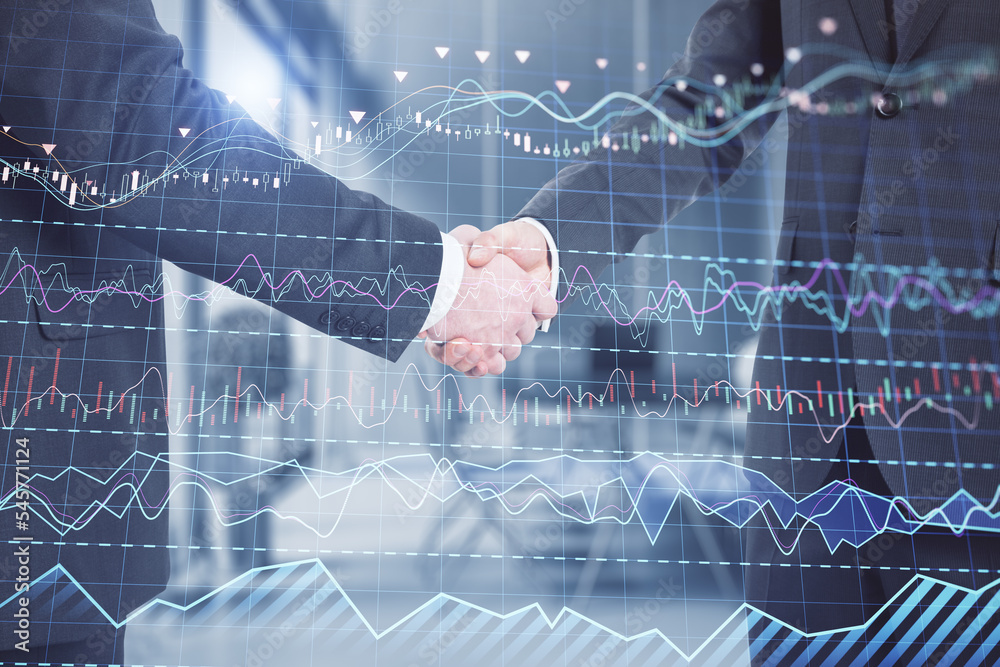 Poster handshake with candle stick grid graph chart of stock market investment trading. bullish point, bear
