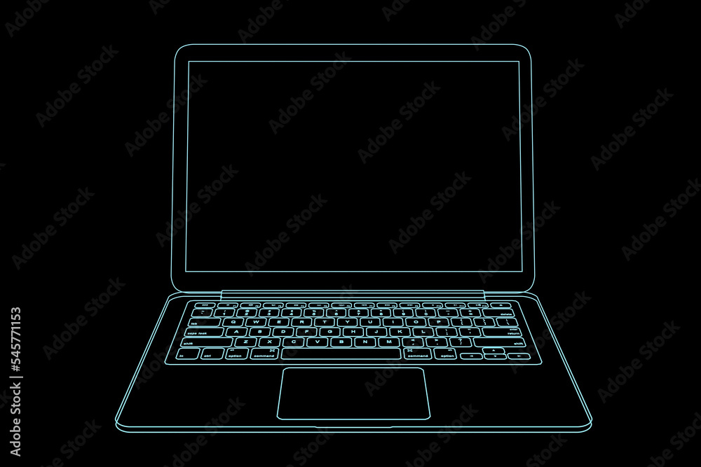 Poster digital graphic glowing wireframe laptop illustration isolated on black background. 3d rendering