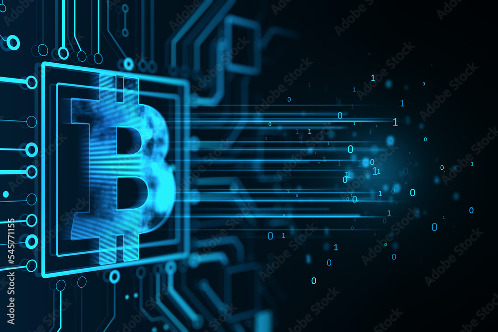 Aufkleber Digital money and cryptocurrency exchange concept with digital blue bitcoin icon in microcircuit on dark technological background. 3D rendering