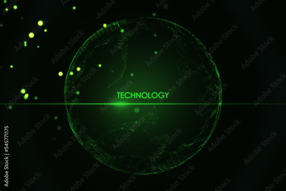 Poster Digital technology and deep learning concept with green technology word in virtual sphere on abstract dark background. 3D rendering