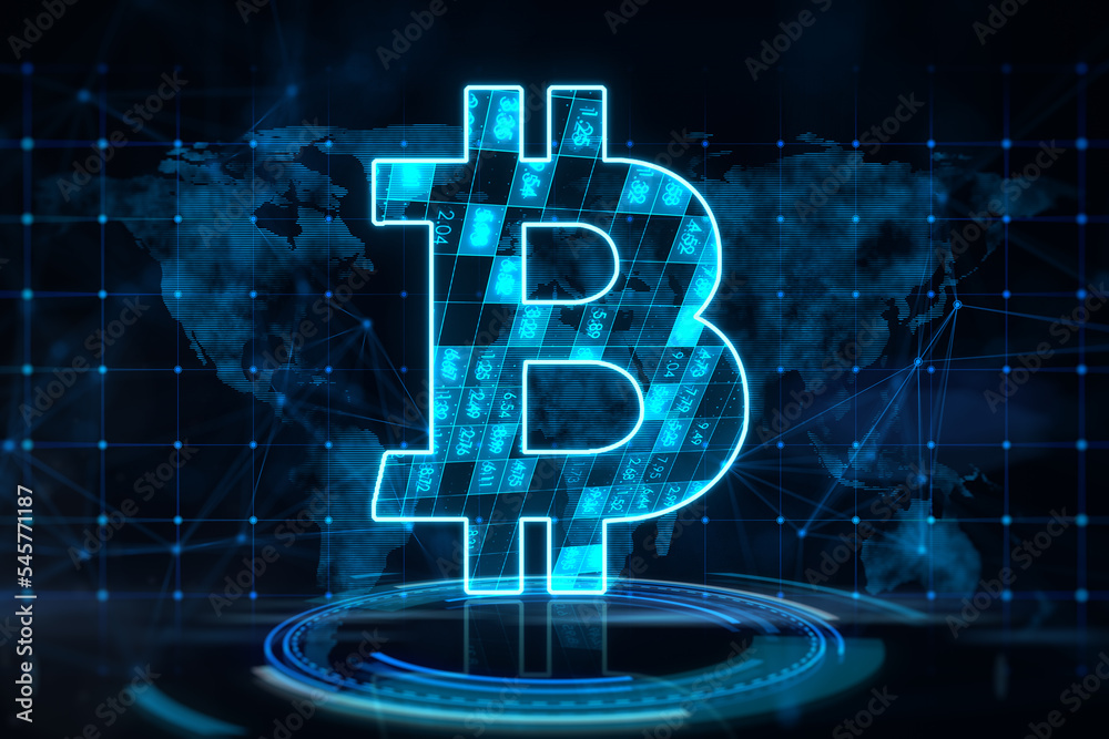 Poster cryptocurrency and digital money concept with bright blue bitcoin symbol on virtual circle on dark b