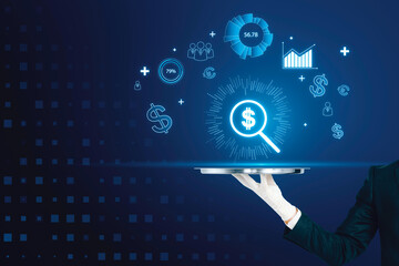 Abstract image of hand holding tray with digital money icons and magnifier. Finding investment funds for business projects.