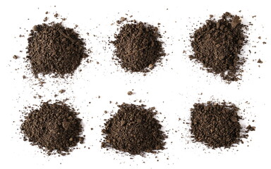 Set dirt, soil pile isolated on white with clipping path, top view