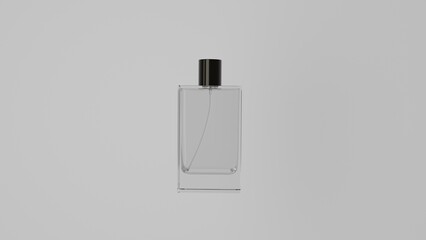Mock up of realistic glass perfume bottle with glossy black cap isolated on white background. Cosmetic concept. 3D render