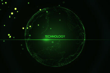 Digital technology and deep learning concept with green technology word in virtual sphere on abstract dark background. 3D rendering