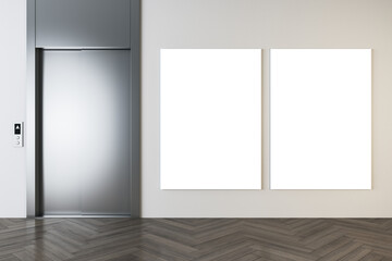 Front view on two blank white posters with space for your logo or text on light beige wall in modern office hall with metallic lift entrance and wooden parquet floor. 3D rendering, mockup