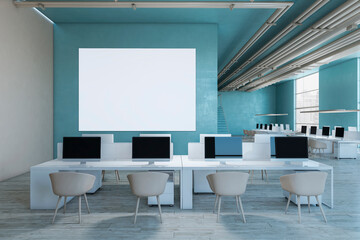 Modern two levels light blue and wooden coworking office interior with empty white mock up banner, window and city view, furniture and equipment. 3D Rendering.